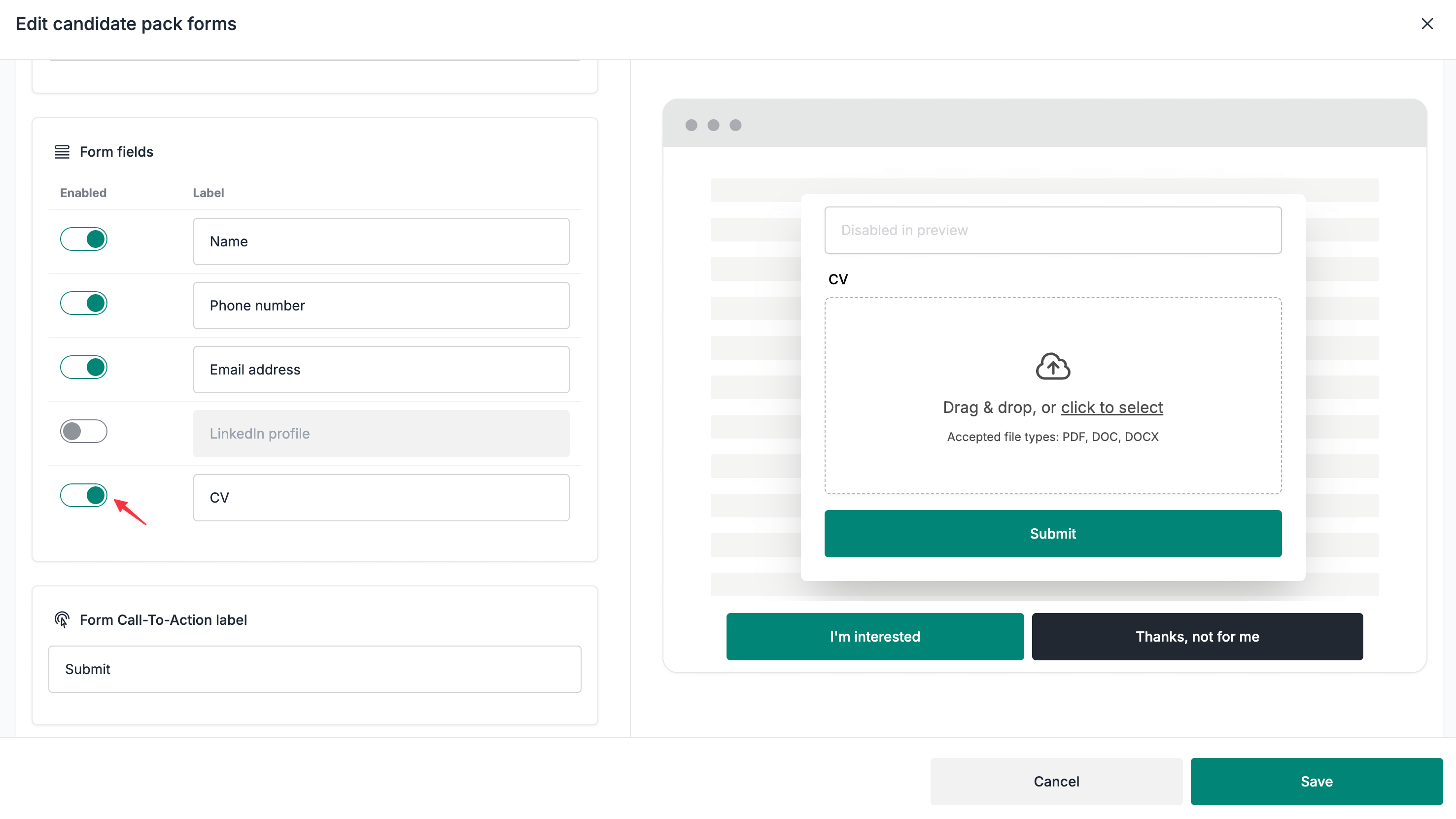 Enable the CV field